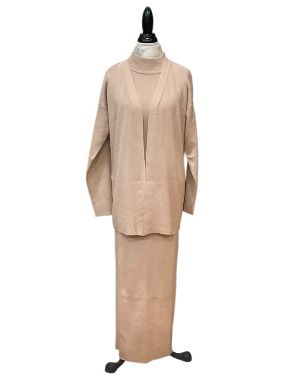 Rivir Women’s Beige Knit Cardigan Sleeveless Top Maxi Skirt 3 piece Set EUC